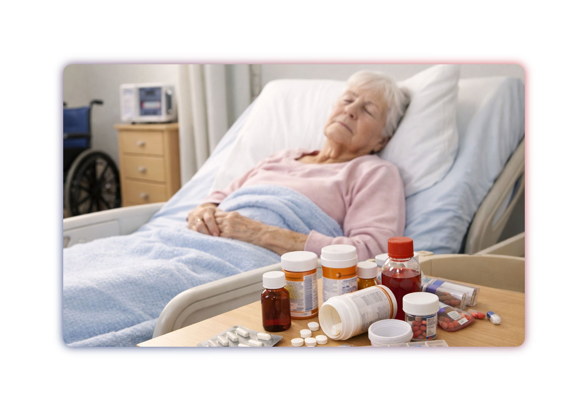 Elderly patient laying in bed next to unsecured medication