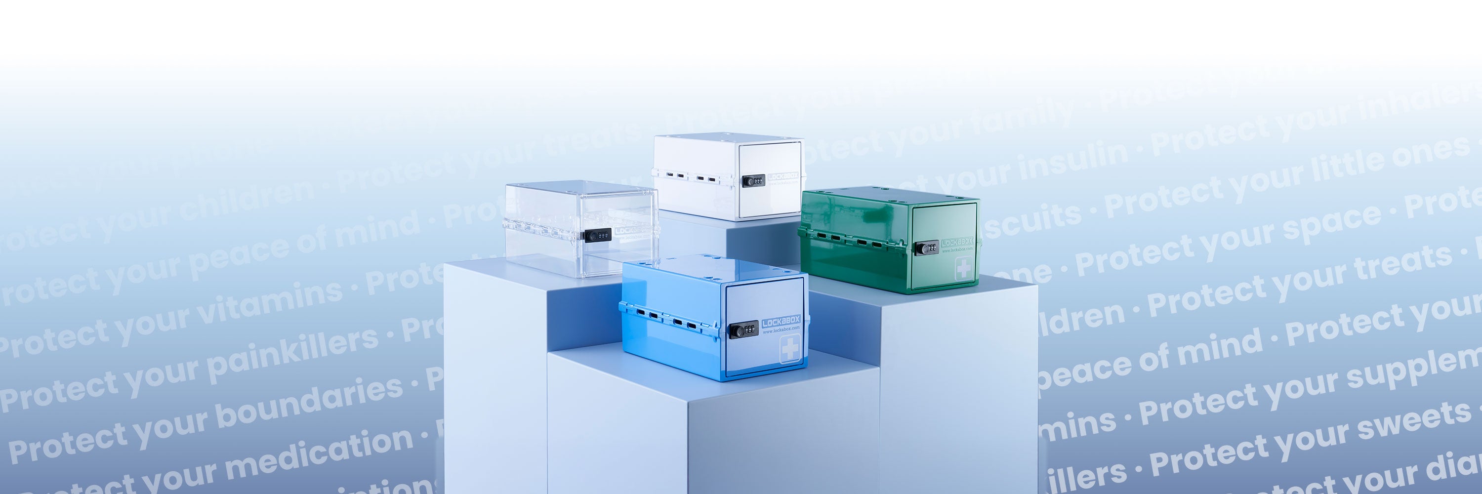 Lockabox lockable storage boxes in clear, white, blue and green, displayed on Blue plinths
