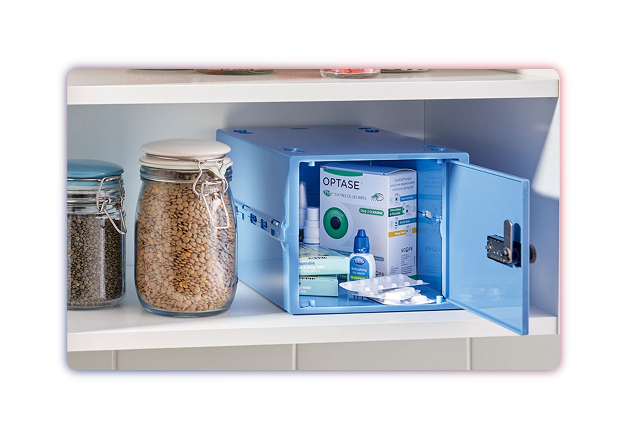 Lockabox One Mediblue Lockable medicine box open with medication inside on a shelf