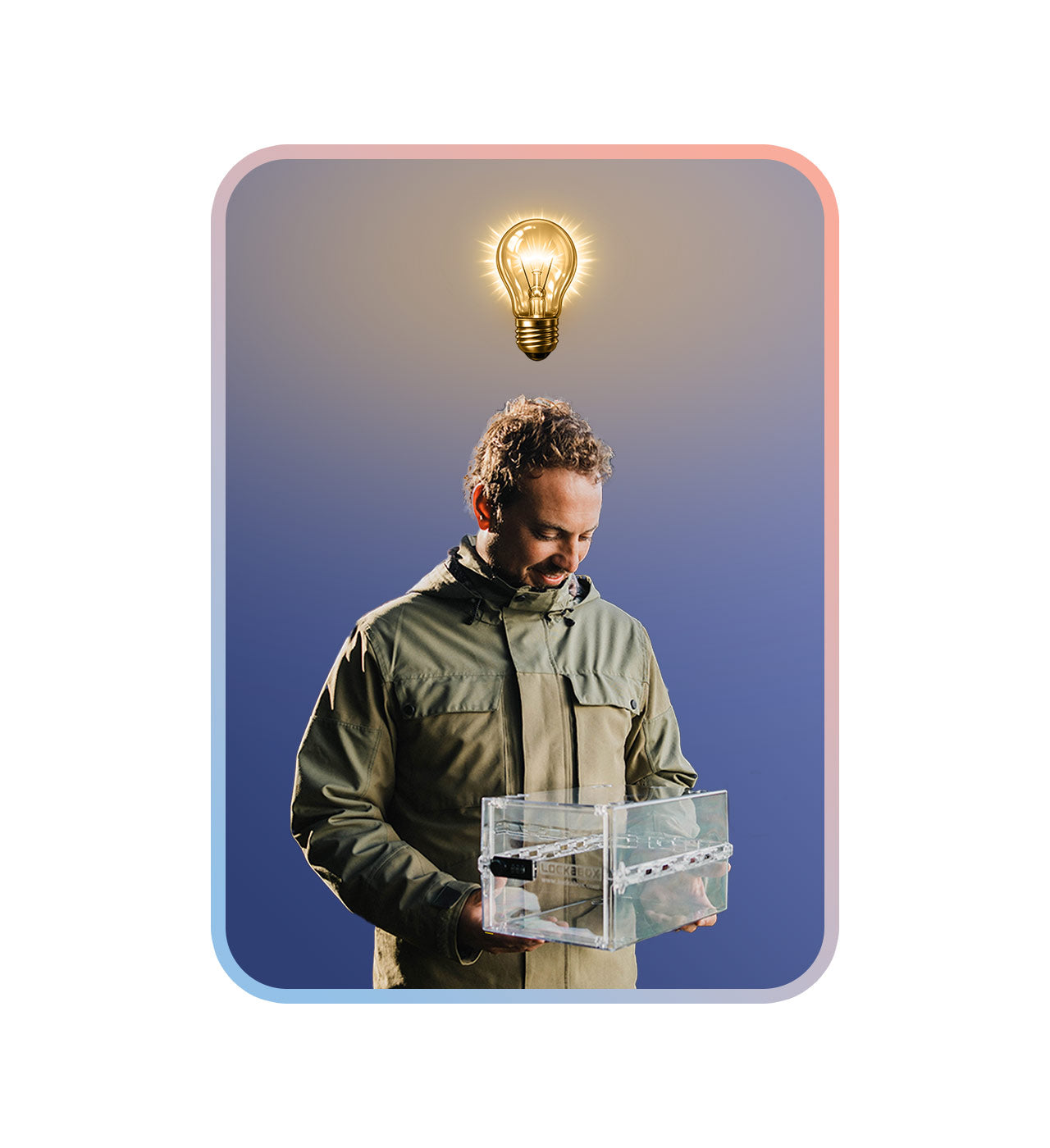Man holding a lockabox lock box with lightbulb above his head having an idea