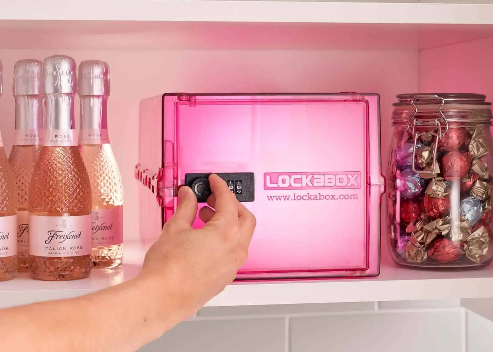 Pink lockable food safe on kitchen shelf