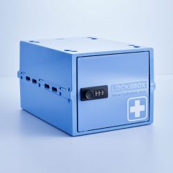 Blue Medication Safe with three-digit combination lock.