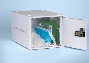 Medical grade lock box being used as storage to keep PPE in hygienic environment