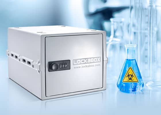 White lockable box being used in a laboratory to assist with chemical storage
