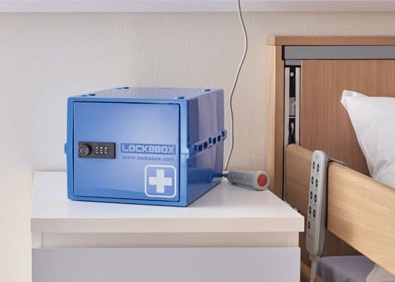 Medicine Lock Box on hospice bedside table