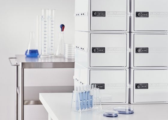 Stacked Medical Lock box being used in Lab to store chemicals.