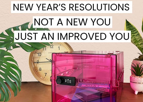 Lockabox Azalea on desk with text saying new year's resolutions