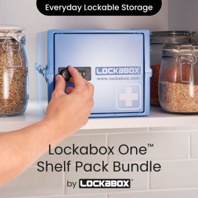 Blue lockable storage box with hand going into open it.